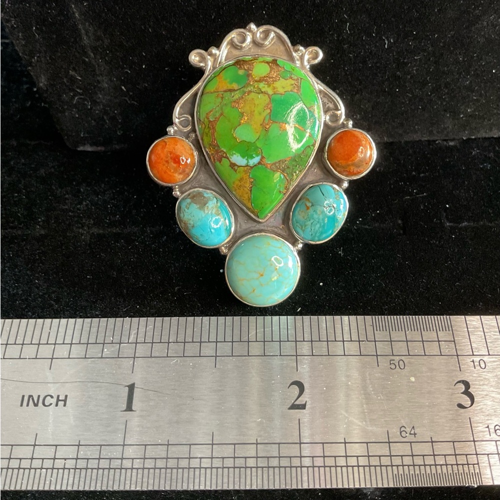 925 Sterling Silver & Turquoise,Spiny Oyster & Green Dahlia Adjustable ring